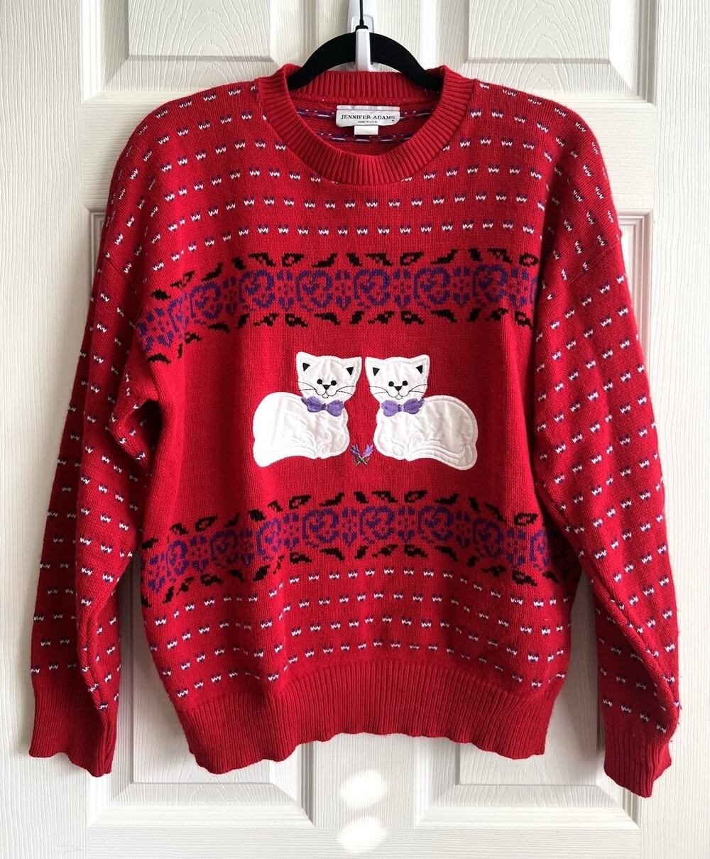 JENNIFER ADAMS Vintage 90s Kitty Cat Kitten Novelty Red Knit Sweater Sz M